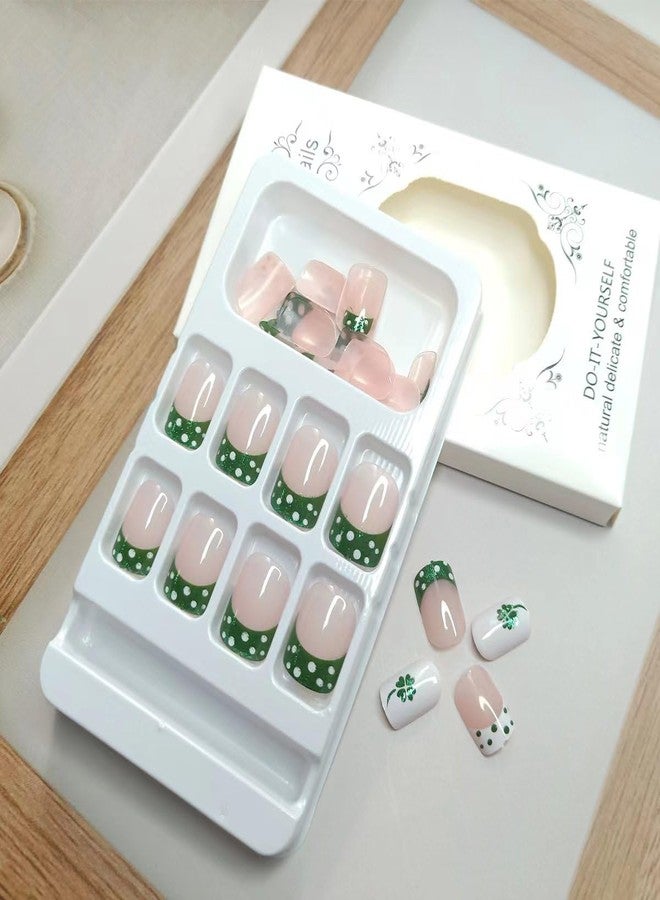 KRTBKR St Patrick's Day Press on Nails Short Square Fake Nails White Dots with Green Glitter Full Cover Tip Stick on Nails Shamrock Nude Nails Designs Glue on Nails Acrylic False Nails for Women DIY Irish - Image 4